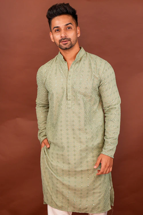 Pastel Green Embroidered Long Festive Kurta