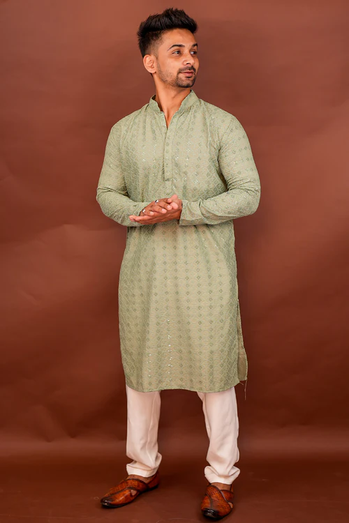 Pastel Green Embroidered Long Festive Kurta