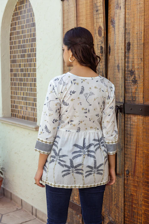 Grey Tropical Print Cotton Top