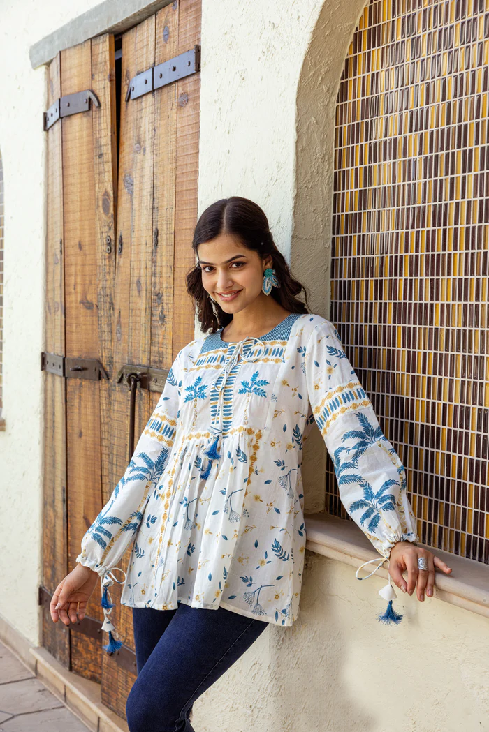 Grey Tropical Print Cotton Top